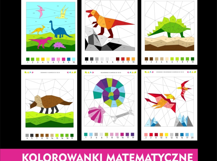 KOLOROWANKA MATEMATYCZNA, dodawanie i odejmowanie od 1-10 , 1-20, zestaw na dzień dinozaura