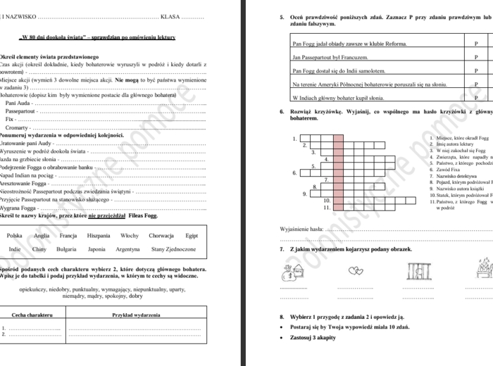Sprawdzian po omówieniu lektury "W 80 dni dookoła świata"
