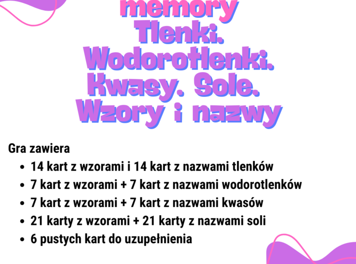 Chemia. Szkoła podstawowa. Gra. Memory. Tlenki. Wodorotlenki. Kwasy. Sole. Wzory i nazwy.
