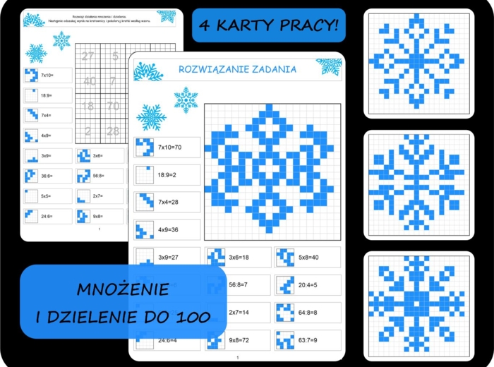 Zimowe kodowanki, bloksy  śnieżynki, mnożenie i dzielenie, tabliczka mnożenia, Święta, Boże Narodzenie, zima,