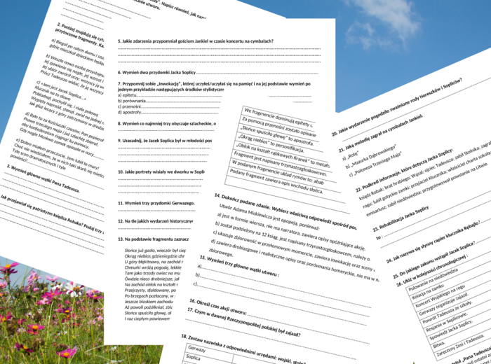 "PAN TADEUSZ" - sprawdzian po omówieniu lektury + ODPOWIEDZI