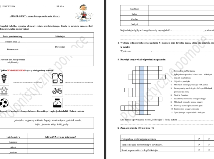 Sprawdzian po omówieniu lektury "Mikołajek"