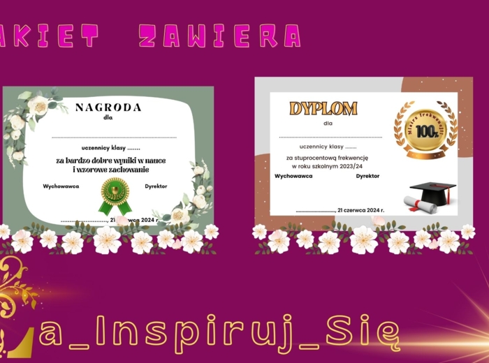 Pakiet materiałów na zakończenie roku: dyplomy, kartki do nagród, list, cytaty motywacyjne