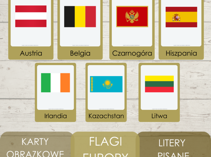 Karty obrazkowe - flagi Europy - litery pisane