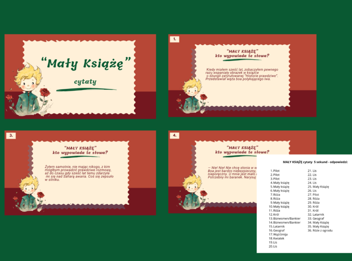 "MAŁY KSIĄŻĘ" - cytaty - powtórka - egzamin - PREZENTACJA - 38 slajdów + odpowiedzi
