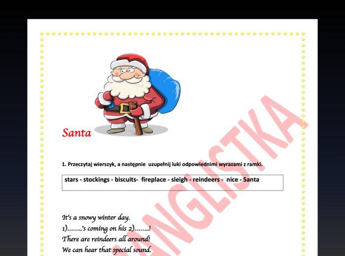 Santa - autorski wierszyk z 5 stronami ćwiczeń o Świętym Mikołaju - klucz