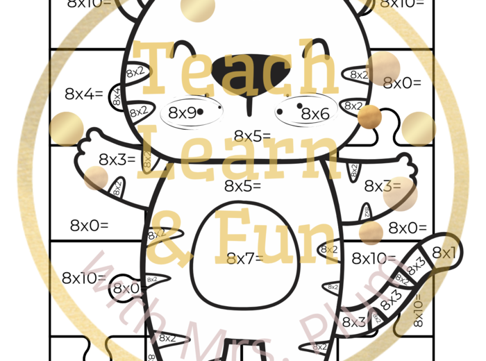 🐯 Kolorowa matematyka – kolorowanka według kodu: Mnożenie ×8 z rozbrykanym tygryskiem
