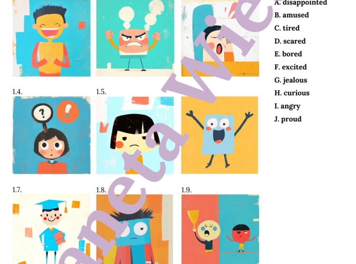 PRZYMIOTNIKI (EMOCJE)– Zbiór zadań do egzaminu ósmoklasisty z języka angielskiego. Poziom A2/A2+ – przymiotniki opisujące uczucia i emocje, ćwiczenia: końcówki -ing/-ed, przymiotniki zaprzeczające (unamused, unexciting), wypełnianie luk w tekście, tworze