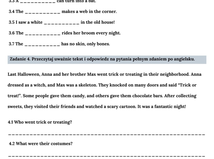 🎃👻KARTA PRACY – HALLOWEEN 🎃👻- KLASY 1-3 SZKOŁY PODSTAWOWEJ- WYKREŚLANKA, OBRAZKI, OPISZ SWOJE HALLOWEEN I KOSTIUM, CZYTANIE TEKSTU, SPEAKING + ODPOWIEDZI