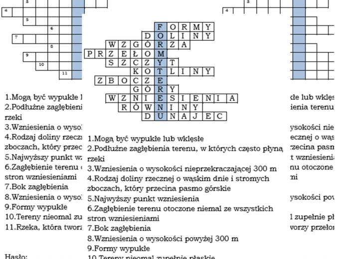 Logogryf dla klasy 4 na podsumowanie lekcji o ukształtowaniu terenu