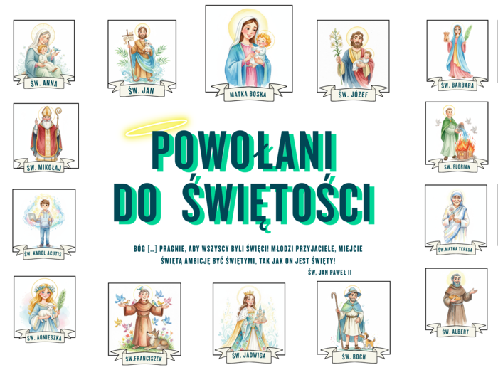 Gazetka, ozdoba - POWOŁANI DO ŚWIĘTOŚCI, 23 świętych, niepowtarzalne grafiki, możliwość własnej aranżacji