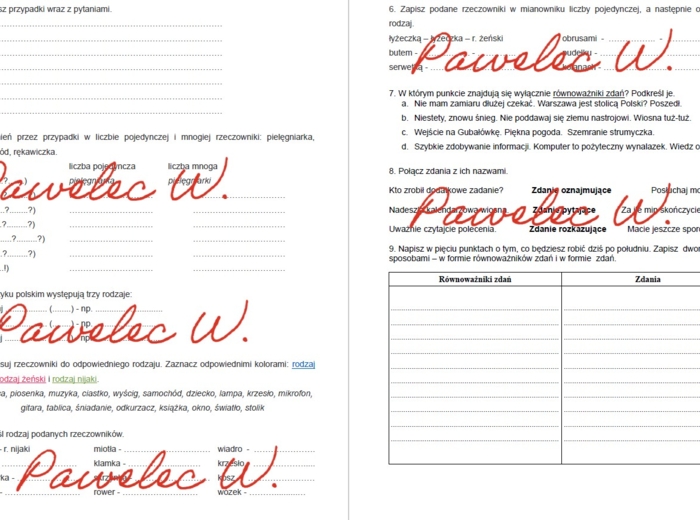 Przypadki, rodzaje rzeczowników, równoważniki zdań, kl. 6 - karta pracy, kartkówka, sprawdzian