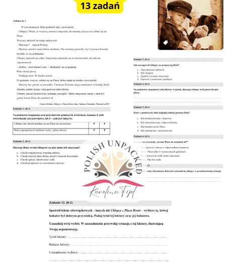 Arkusz egzaminacyjny nr 1, czytanie ze zrozumieniem "Chłopcy z Placu Broni" egzamin ósmoklasisty