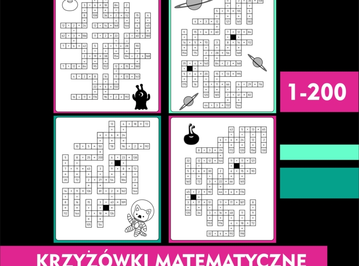 Krzyżówki matematyczne trudne, mnożenie przez liczby dwucyfrowe w zakresie 1-200. Tabliczka mnożenia.