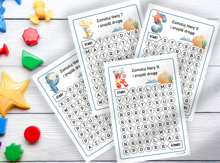 ALFABET - ZNAJDŹ DROGĘ - LITERY 23 kart pracy, rozpoznawanie liter, motoryka mała, grafomotoryka, labirynt, karta pracy, zerówka, klasa 1,