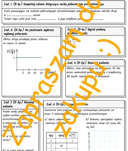 Ruch jednostajny prostoliniowy - kartkówka, karta pracy