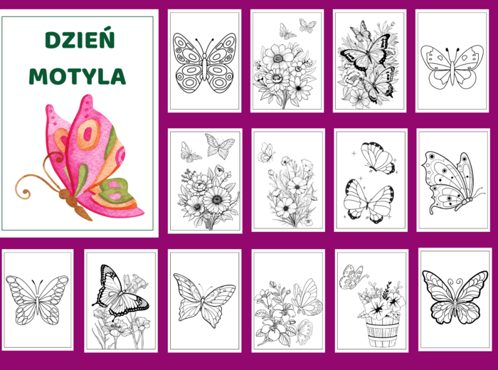 DZIEŃ MOTYLA – Galeria portretów – kolorowanka – kolorowanki – WIOSNA – biblioteka – świetlica – przedszkole – 49 wersji
