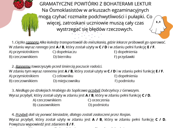 Gramatyczne powtórki z bohaterami lektur (Egzamin Ósmoklasisty)