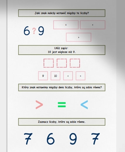 Porównywanie liczb w zakresie do 10. Karta pracy. Sprawdzian