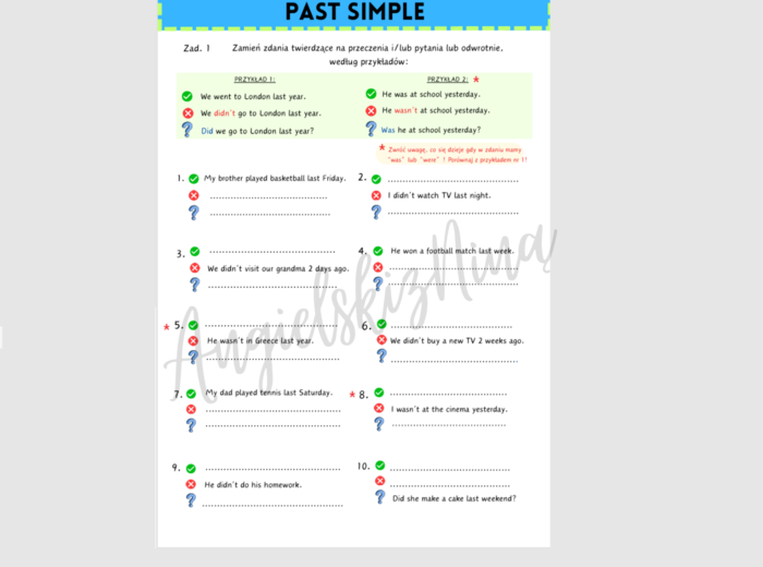 Past Simple – przekształcanie zdań – karta pracy - ćwiczenia dla początkujących – zdania twierdzące – przeczenia – pytania – kl. 4, 5 – A2