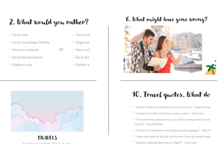 Travels, podróże, konwersajce, speaking, vocabulary, B1, B2, C1, gotowa lekcja, lekcja online, materiały dydaktyczne