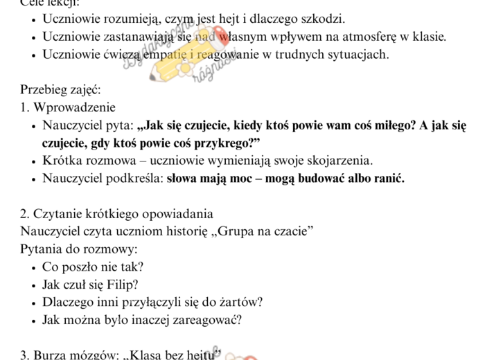 Scenariusz lekcji wychowawczej kl. 4-8. "Słowa mogą ranić albo budować - jak tworzyć klasę bez hejtu?" 45 min.
