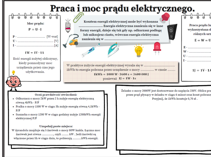 Praca i moc prądu elektrycznego - fizyka SP (karta pracy, 2 strony A4 dla ucznia i nauczyciela)