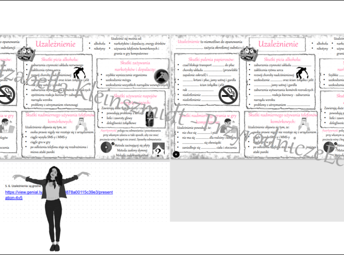 Minizestaw na temat „Uzależnienia są groźne” – sketchnotka + karta pracy w power point + gratisowy link do prezentacji multimedialnej niekomercyjnej wykonanej w genial.ly do indywidualnego pobrania i użycia do celów niekomercyjnych. Przyroda 4, dział V „