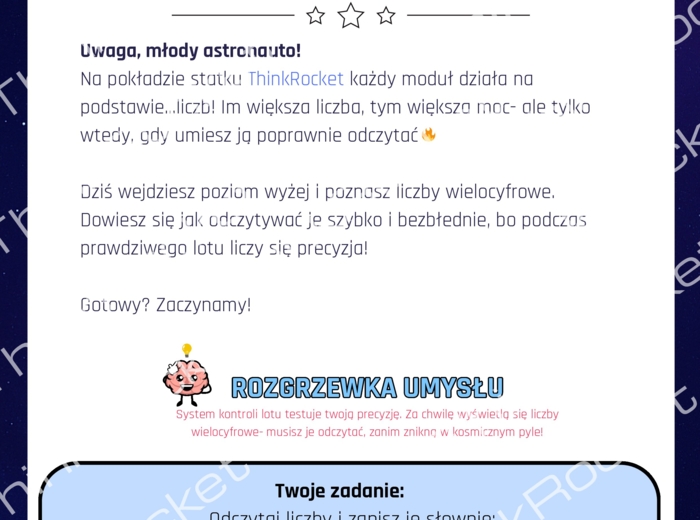 Liczby wielocyfrowe, system dziesiętny | Matematyka klasy 1-4 | 5 dni teorii i zadań w fabule kosmicznej misji ThinkRocket