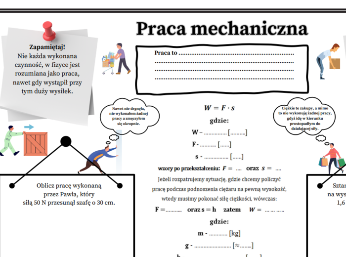 Fizyka kl.7 (SP) Temat: Praca mechaniczna (graficzna karta pracy uzupełniona oraz z zadaniami dla ucznia).