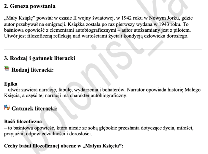 "Mały Książę" - notatka dla ucznia