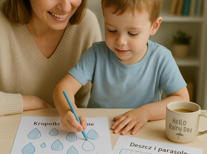 Kropelki na szybie – karta pracy do rysowania po śladzie