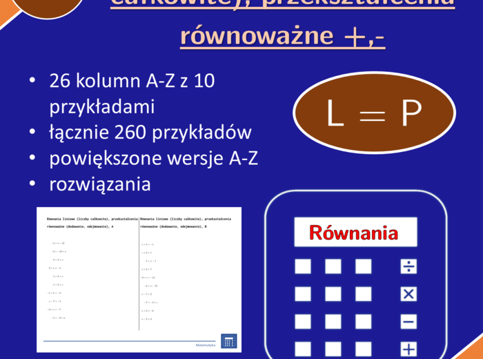 Równania liniowe (liczby całkowite), przekształcenia równoważne (dodawanie, odejmowanie) | matematyka, algebra | 26 kolumn