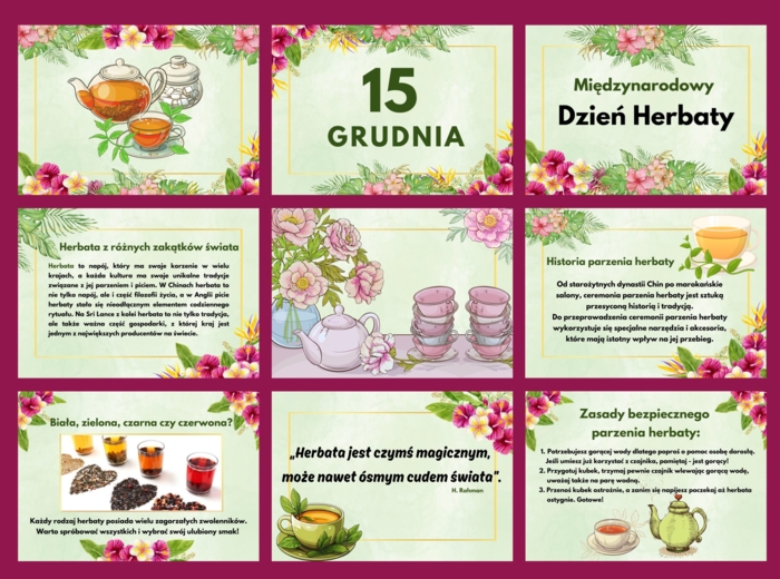 Gazetka Międzynarodowy Dzień Herbaty 15 grudnia - 9 plansz A4 piękne kolory