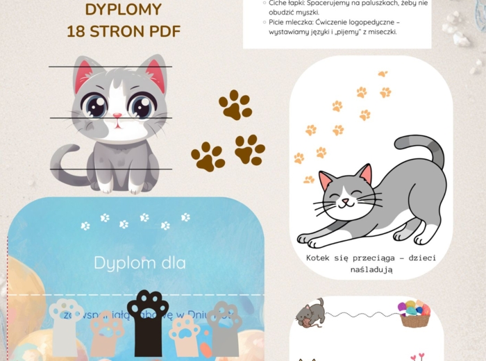 DZIEŃ KOTA W ŻŁOBKU I PRZEDSZKOLU – Wielki Pakiet Edukacyjny (18 STRON) + Scenariusz i Dyplom
