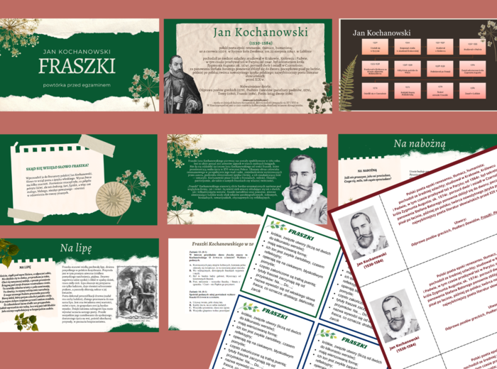 Jan Kochanowski FRASZKI - prezentacja + 2 wklejki - wklejka - egzamin - powtórzenie