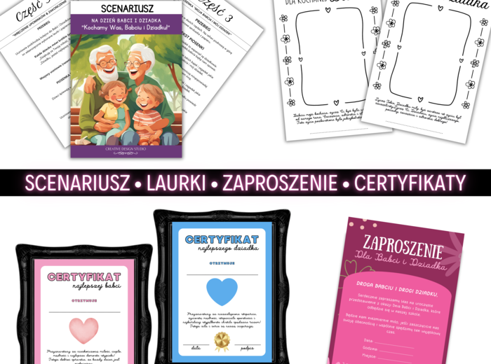 ZESTAW: Scenariusz na Dzień Babci I Dziadka dla klas 1-3 Dzień Babci Wierszyki, Piosenka, SCENKA, Zaproszenie,Certyfikaty & Laurkier