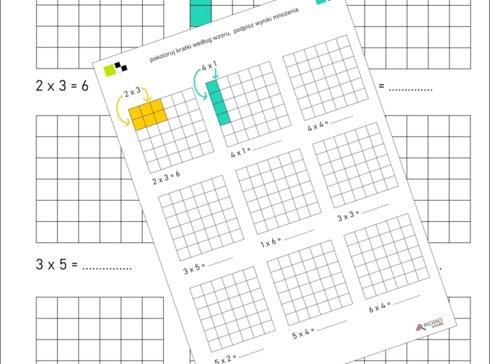 Kolorowanka, tabliczka mnożenia dla początkujących, mnożenie przez 2,3,4