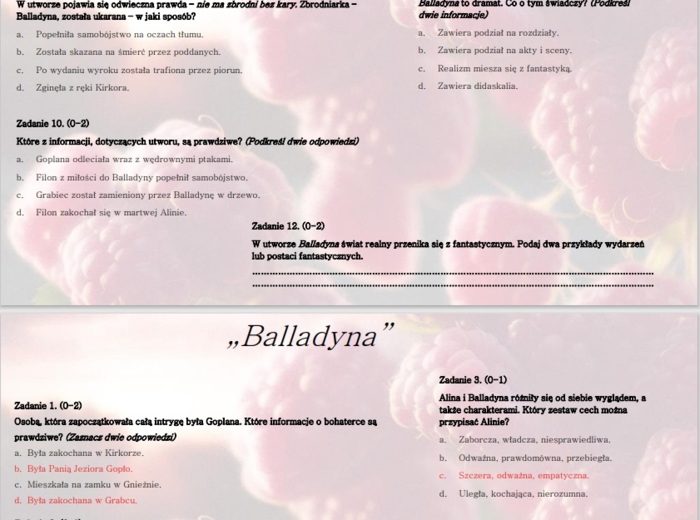 Test wprowadzający/powtórzeniowy do lektury "Balladyna"