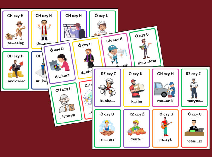 KARTY ORTOGRAFICZNE – ortografia – ZAWODY - 64 szt.