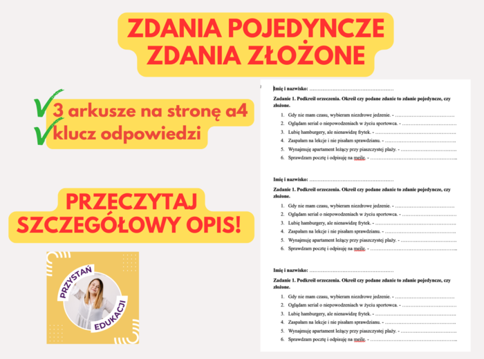 🔍 Zdania pojedyncze i złożone – kartkówka lub szybkie ćwiczenie | Klasa 4, językpolski