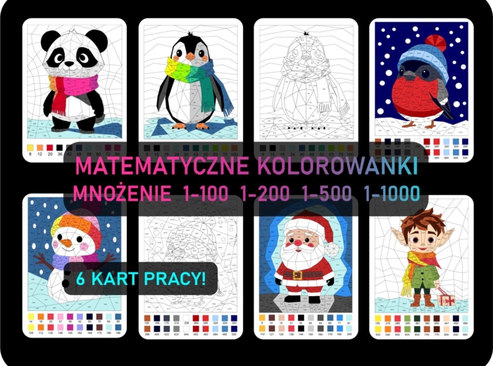 Kolorowanka matematyczna zimowa, świąteczna- zestaw 6 kart, tabliczka mnożenia, mnożenie przez liczby dwucyfrowe, trzycyfrowe