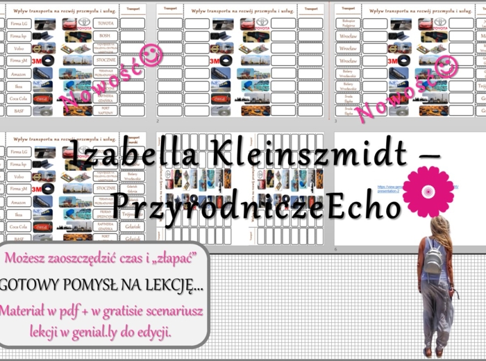 Pomysł na lekcję/karta pracy/stacje zadaniowe/notatki/ materiał do lekcji do tematu „Wpływ transportu na rozwój przemysłu i usług” w pdf. W gratisie niekomercyjny scenariusz lekcji/pomysł na lekcję w programie genial.ly do edycji. Geografia 7. Usługi w P