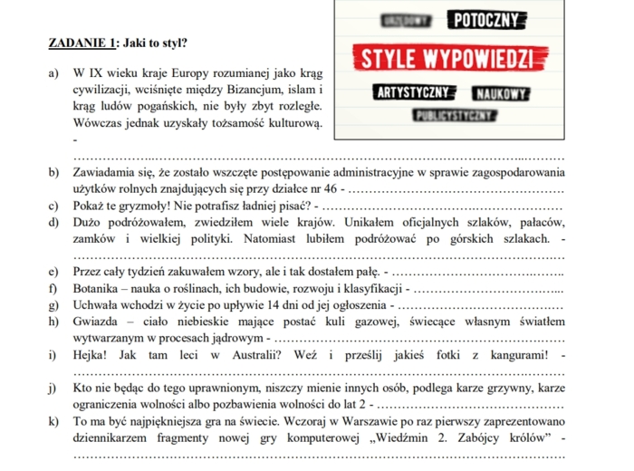 Style wypowiedzi. Karta pracy