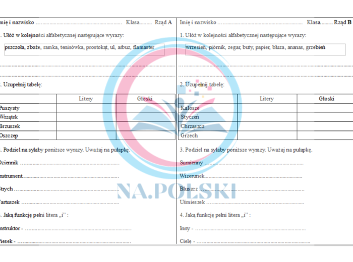 Litera, głoska, sylaba - kartkówka kl.4