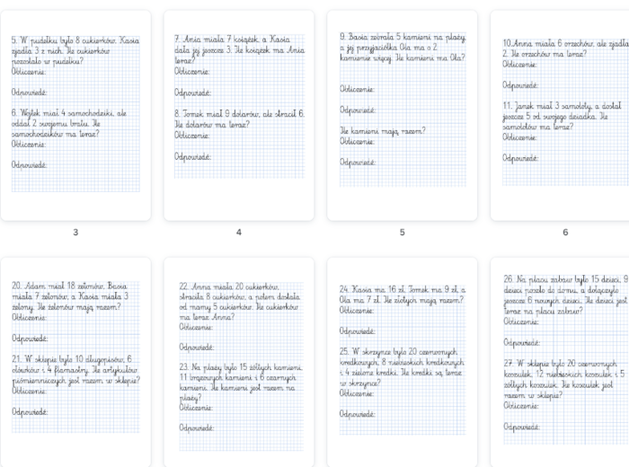 Zadania tekstowe w zakresie 10/20/30 dodawanie i odejmowanie