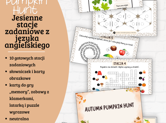 Autumn Pumpkin Hunt – Jesienne stacje zadaniowe z języka angielskiego - Escape Room - Dla klas 1-3