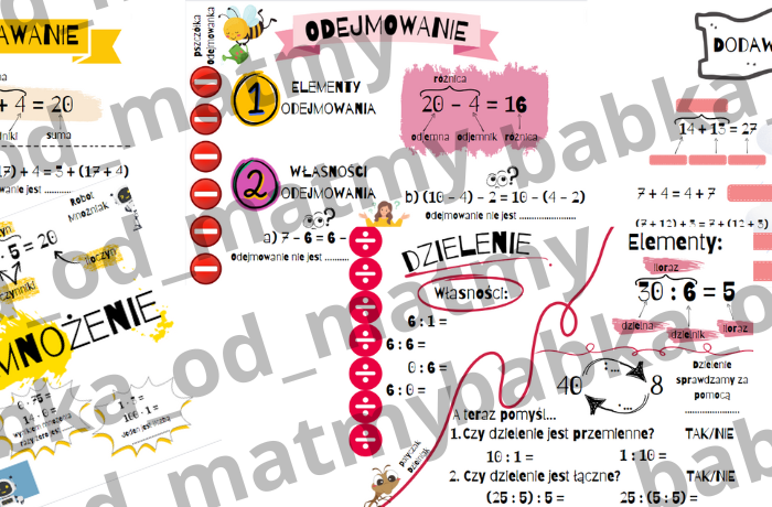 Działania na liczbach i ich własności - plansze dla uczniów klas 4 (i nie tylko...)