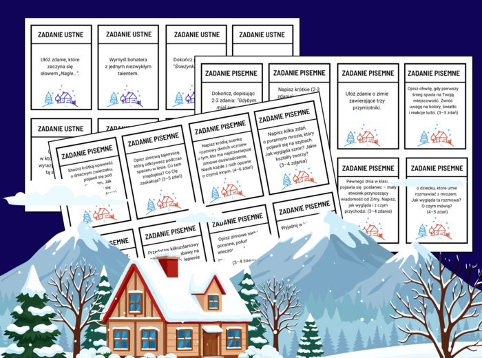 🎄❄️Fiszki „WYCIĄGNIJ I ROZWIĄŻ"– ❤️104 zadania na rozgrzewkę (ustne i pisemne) - język polski - kl. 4-6