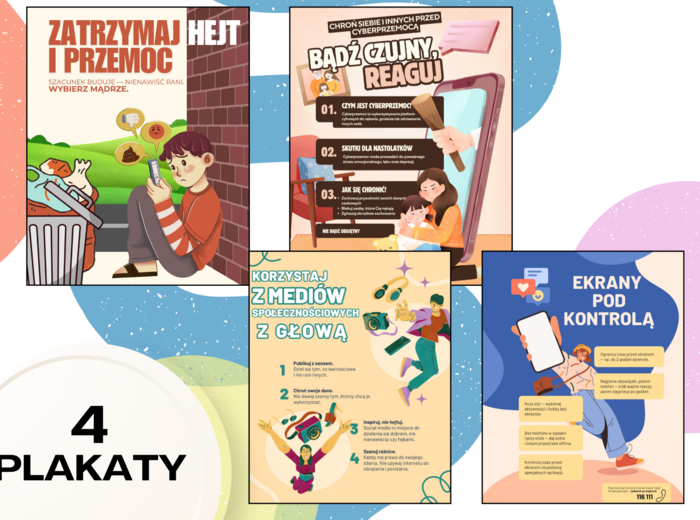 Pakiet edukacyjnych plakatów: Ochrona małoletnich, cyberprzemoc i odpowiedzialne korzystanie z technologii